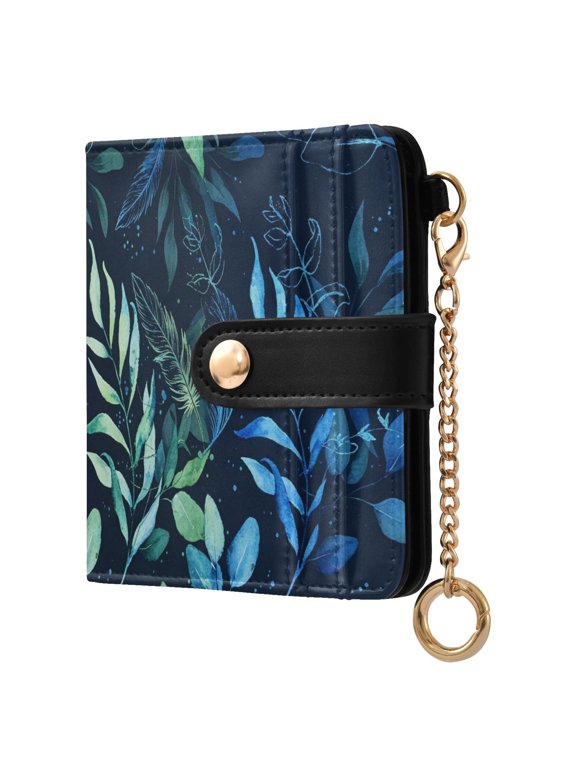 Bifold Wallet PU Leather RFID Blocking, Women's Card Cases with 7 Card Slots, Leafage- Blue