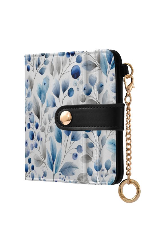 Bifold Wallet PU Leather RFID Blocking, Women's Card Cases with 7 Card Slots, Light Gray and Blue Flowers