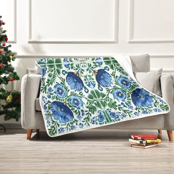 Iauyy Blue and Green Interwoven Flowers Blanket ,Arctic Wool Throw Blankets All Season Bed Blanket for Couch Sofa Decoration Christmas Gifts 50x60 in