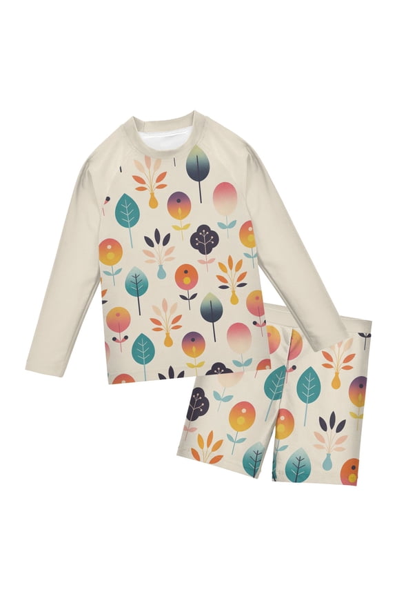 Boys' Bathing Suit Sets: UPF 50+ Rash Guard Collections for 9-10T, Beige Cartoon Tree