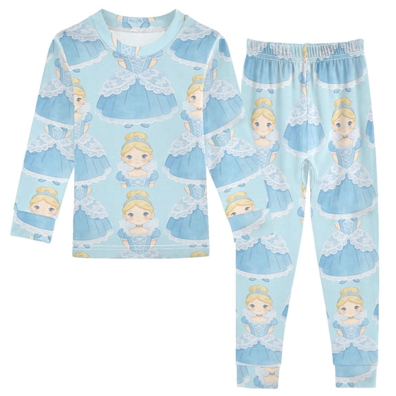 Iauyy Children Cotton Long Sleeve Sleep Tee and Pants Pajama Set, Blue Girl Printed 2-Piece, Size 18M-8Y