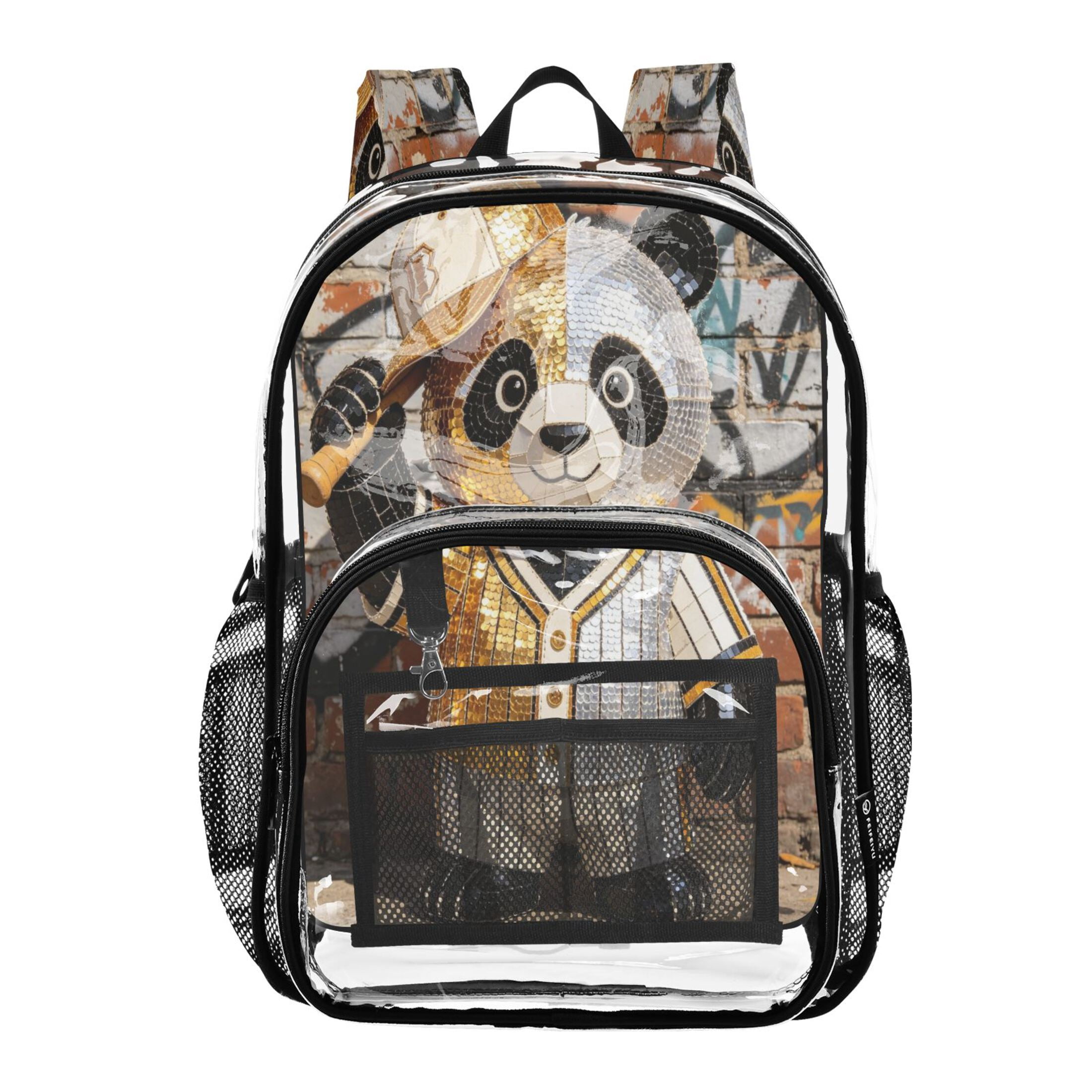 Iauyy Clear Backpack Heavy Duty PVC Transparent Backpack for College Workplace, Baseball Panda