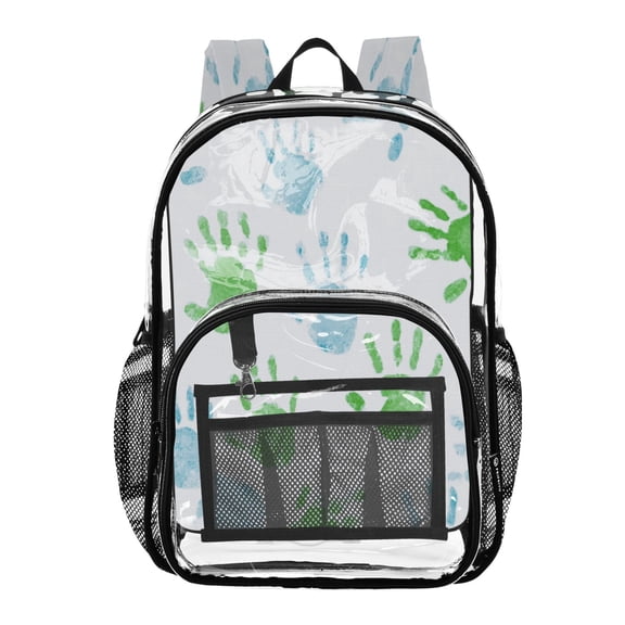 Iauyy Clear Backpack Heavy Duty PVC Transparent Backpack for College Workplace, Blue and Green Handprints