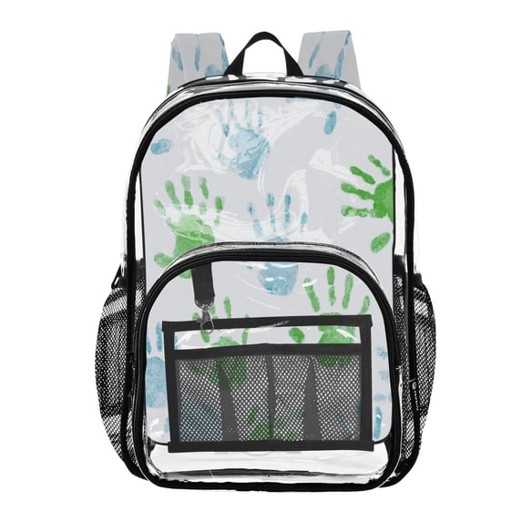 Iauyy Clear Backpack Heavy Duty PVC Transparent Backpack for College Workplace, Blue and Green Handprints