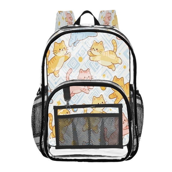 Iauyy Clear Backpack Heavy Duty PVC Transparent Backpack for College Workplace, Cute Cat Pattern