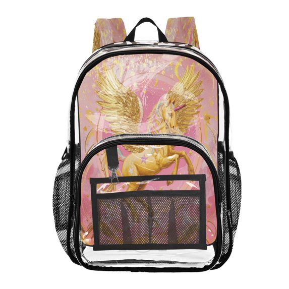 Iauyy Clear Backpack Heavy Duty PVC Transparent Backpack for College Workplace, Golden Flying Horse Pattern