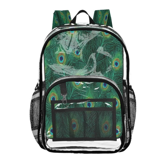 Iauyy Clear Backpack Heavy Duty PVC Transparent Backpack for College Workplace, Green Peacock Feather Pattern
