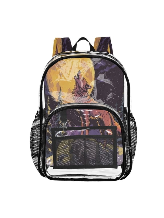 Clear Backpack Heavy Duty PVC Transparent Backpack for College Workplace, Moon Wolf