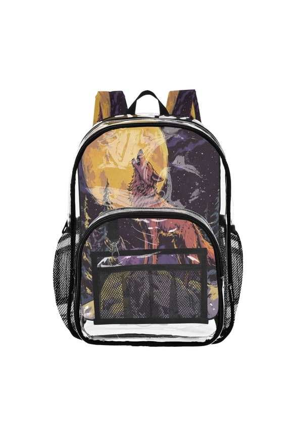 Clear Backpack Heavy Duty PVC Transparent Backpack for College Workplace, Moon Wolf