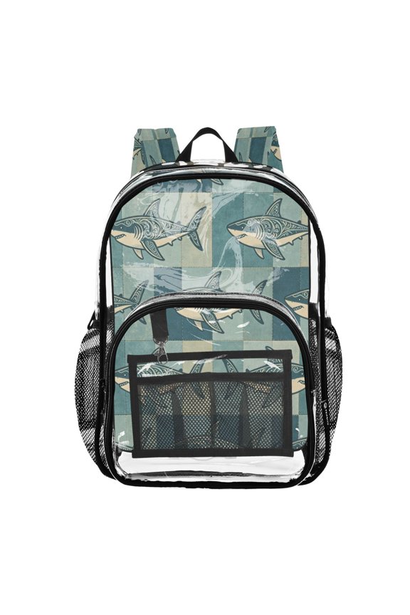 Clear Backpack Heavy Duty PVC Transparent Backpack for College Workplace, Ornate Sea-fish Quilt Pattern