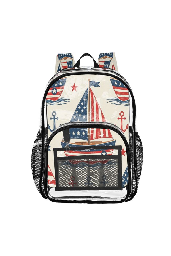 Clear Backpack Heavy Duty PVC Transparent Backpack for College Workplace, Patriotic Sailboat Pattern
