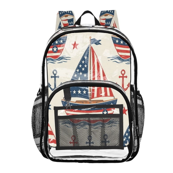 Iauyy Clear Backpack Heavy Duty PVC Transparent Backpack for College Workplace, Patriotic Sailboat Pattern
