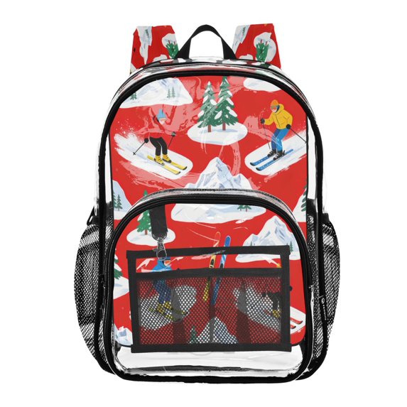 Iauyy Clear Backpack Heavy Duty PVC Transparent Backpack for College Workplace, Red Skiing