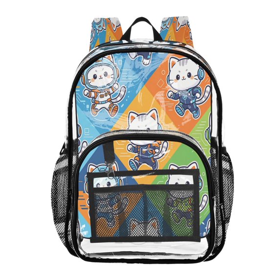 Iauyy Clear Backpack Heavy Duty PVC Transparent Backpack for College Workplace, Space Kitties