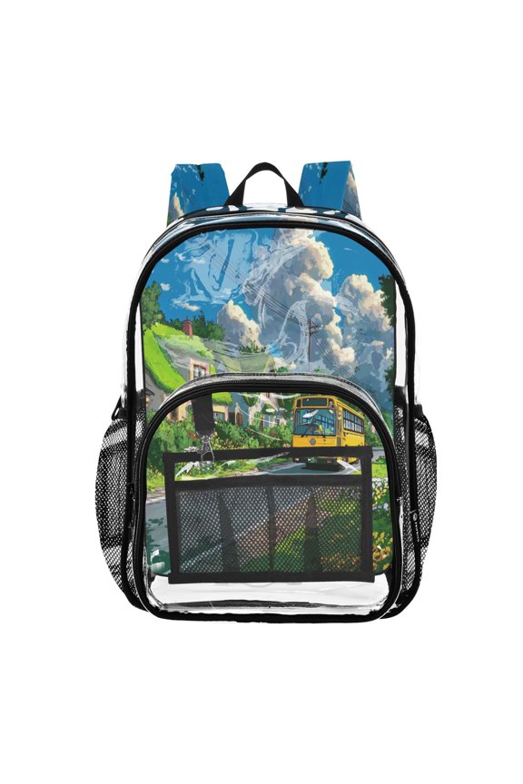 Clear Backpack Heavy Duty PVC Transparent Backpack for College Workplace, The Yellow Bus Logo