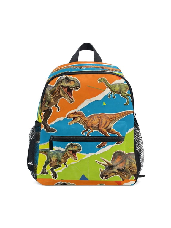 Colorful Dinosaur Sticker Design Backpack for Girls/Boys with Name Tag—Front-closure buttons for ages 3–8year