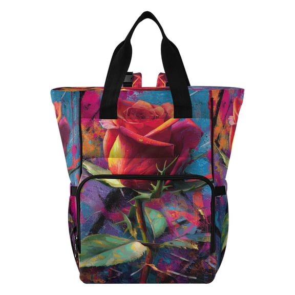 Iauyy Diaper Bag Backpack, 15L Large Capacity Diaper Bag Tote, Nylon Fabric for Outdoor Travel Shopping, Roses with Thorns Pattern