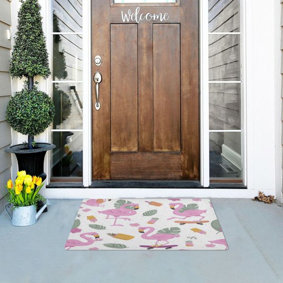 Iauyy Doormat Outdoor Indoor Non-Slip Washable Welcome Mat,Low-Profile 32x20in Door Mat for Pet Mat Front Back Door and Entryway,Around Tropical Leaves and Flowers
