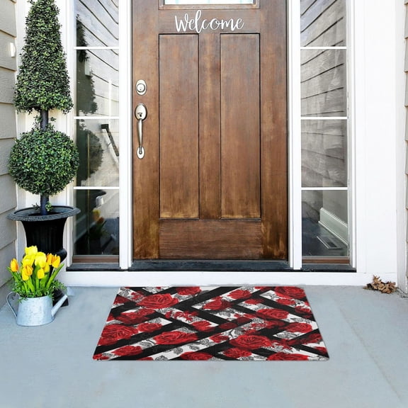 Iauyy Doormat Outdoor Indoor Non-Slip Washable Welcome Mat,Low-Profile 32x20in Door Mat for Pet Mat Front Back Door and Entryway,Interwoven with Red Roses