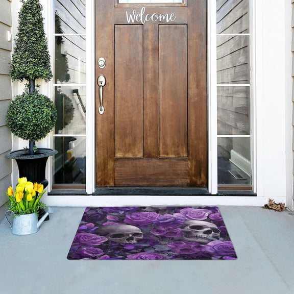 Iauyy Doormat Outdoor Indoor Non-Slip Washable Welcome Mat,Low-Profile 32x20in Door Mat for Pet Mat Front Back Door and Entryway,Purple Roses and Skull Patterns