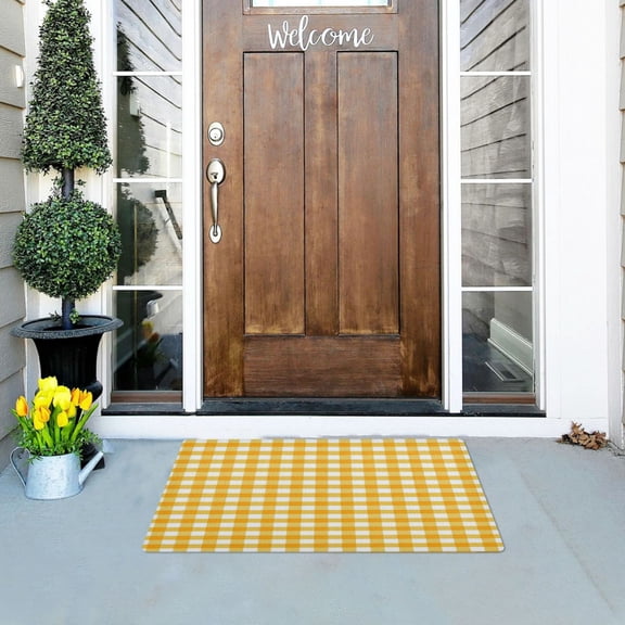 Iauyy Doormat Outdoor Indoor Non-Slip Washable Welcome Mat,Low-Profile 32x20in Door Mat for Pet Mat Front Back Door and Entryway,Yellow Checkered Pattern