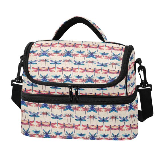 Iauyy Double-layer Lunch Bag for Cooler/Hot Removable Shoulder Straps Waterproof/Oil-resistant Lunch Box, Dragonfly
