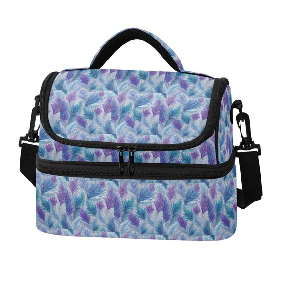 Iauyy Double-layer Lunch Bag for Cooler/Hot Removable Shoulder Straps Waterproof/Oil-resistant Lunch Box, Wavy Feathers