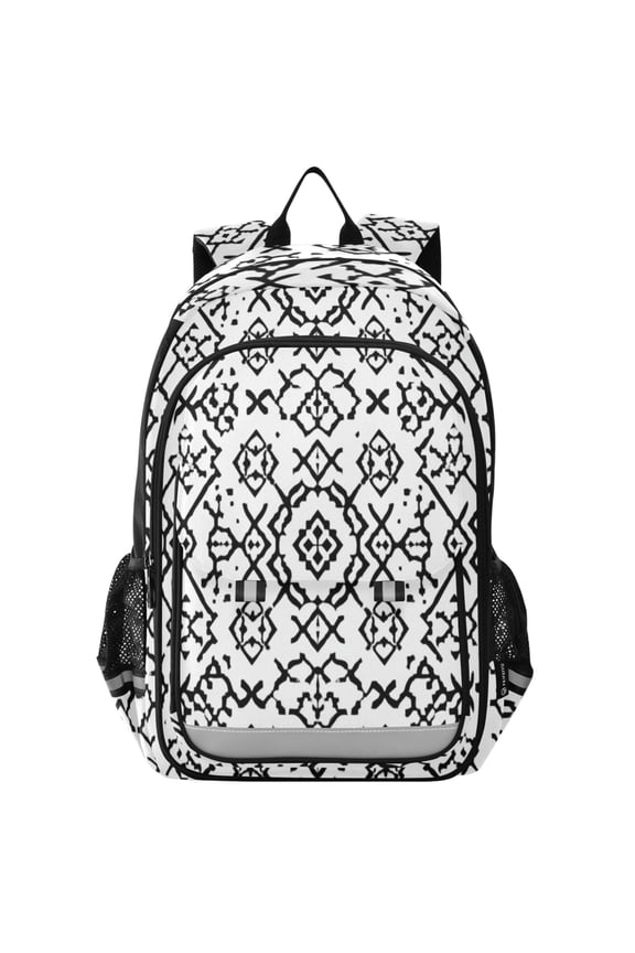 Durable Nylon Flip-Top Student Backpack with Reflective Strips – Multi-layer Design 17L School Bag for Aged 6-12 ,Simple Black and White Patterns