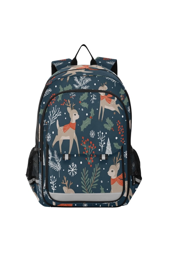 Durable Nylon Flip-Top Student Backpack with Reflective Strips – Multi-layer Design 17L School Bag for Aged 6-12 ,Deer and Winter Forest