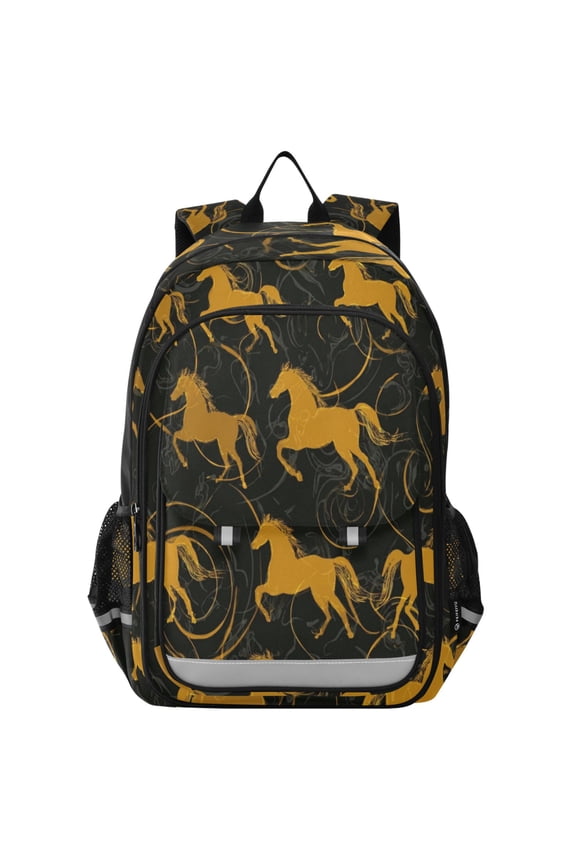 Durable Nylon Flip-Top Student Backpack with Reflective Strips – Multi-layer Design 17L School Bag for Aged 6-12 ,Row Of Yellow Horse Patterns