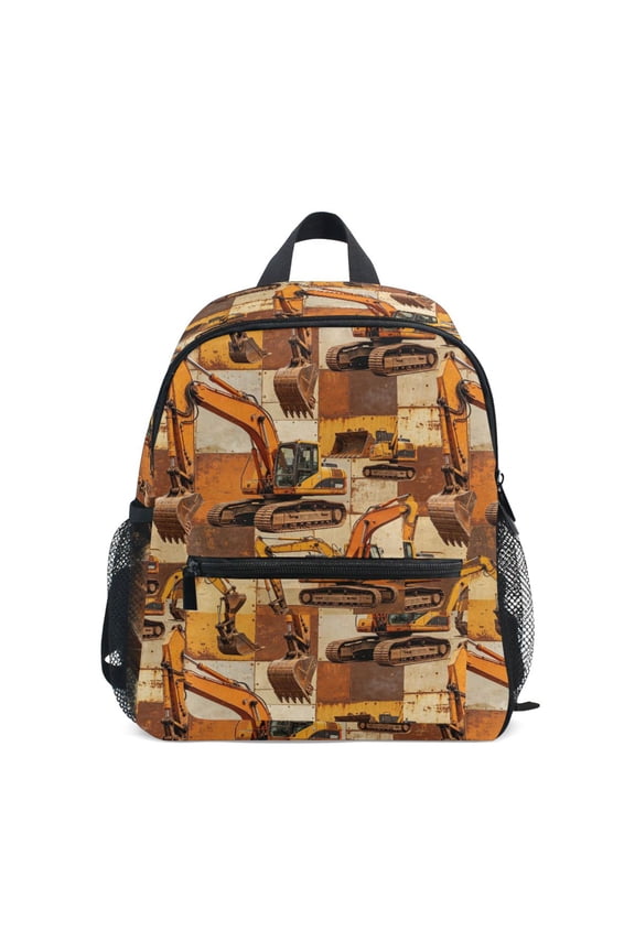 Excavator Art Design Backpack for Girls/Boys with Name Tag—Front-closure buttons for ages 3–8year