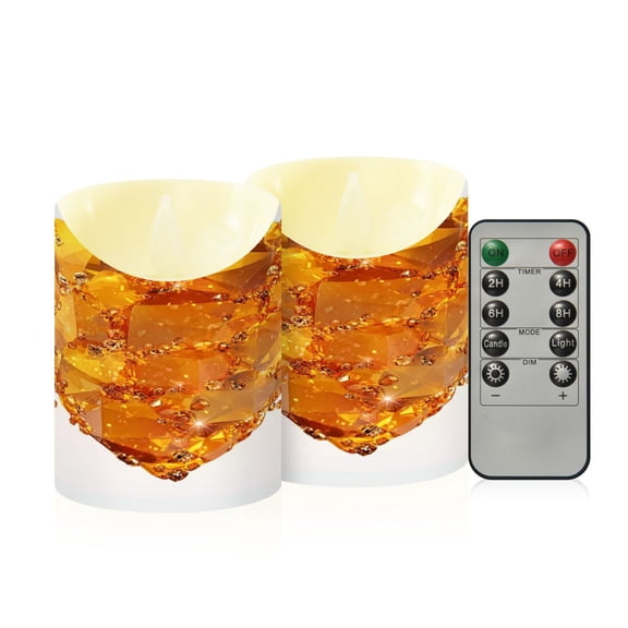 Iauyy Flameless Candles Battery Operated LED Pillar Candles with Remote and Timer, Amber-colored Crystal Set of 2 (S)