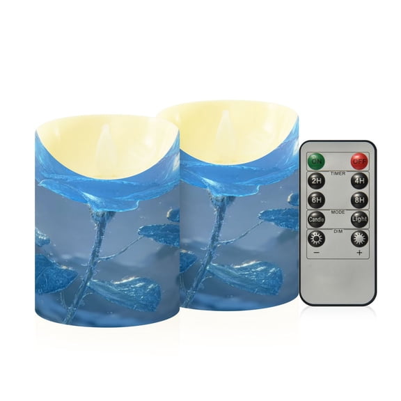 Iauyy Flameless Candles Battery Operated LED Pillar Candles with Remote and Timer, Ice-blue Rose Set of 2 (M)