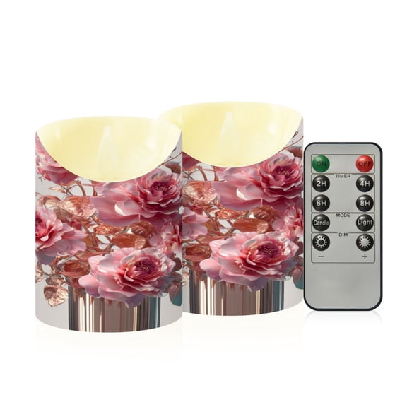 Iauyy Flameless Candles Battery Operated LED Pillar Candles with Remote and Timer, Metal Rose Set of 2 (S)