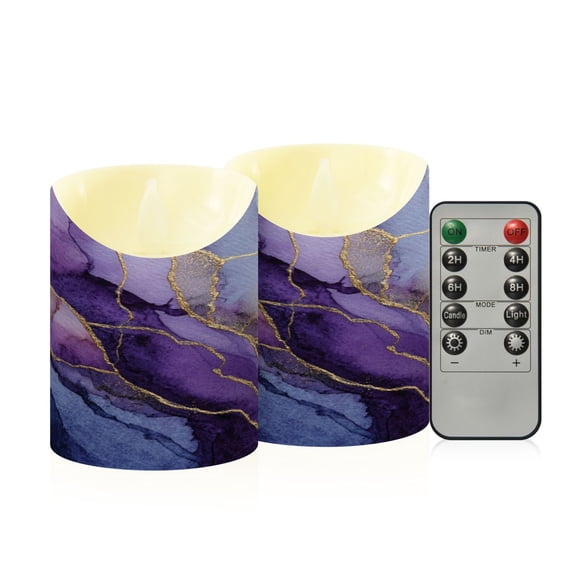 Iauyy Flameless Candles Battery Operated LED Pillar Candles with Remote and Timer, Purple Marble Set of 2 （S)