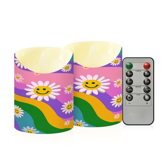 Iauyy Flameless Candles Battery Operated LED Pillar Candles with Remote and Timer, Rainbow Retro Style Set of 2 (S)