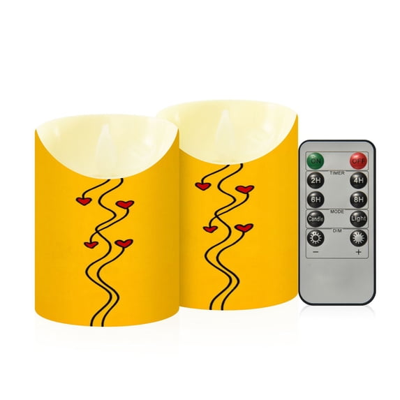 Iauyy Flameless Candles Battery Operated LED Pillar Candles with Remote and Timer, Yellow Line Drawing Set of 2 (S)