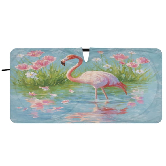 Iauyy Foldable Car Windshield Sunshade with Ring for Front/Rear- UV Protection with A Flamingo in The Lake Design- 62×32in