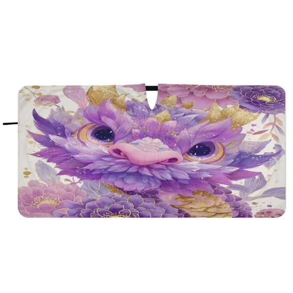 Iauyy Foldable Car Windshield Sunshade with Ring for Front/Rear- UV Protection with Cute Purple Dragon Design- 59×30in