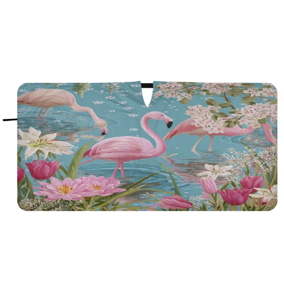 Iauyy Foldable Car Windshield Sunshade with Ring for Front/Rear- UV Protection with Flamingos in The Lake Design- 59×30in
