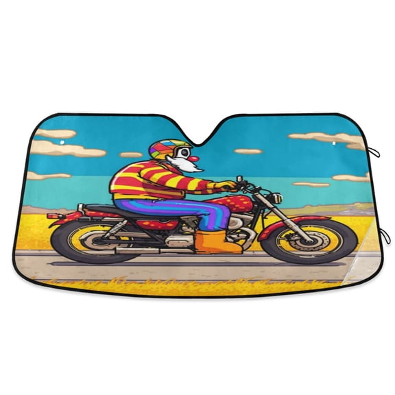 Iauyy Front Windshield Shade, Foldable Sunshade for Car SUV-Blocks UV Rays Keeps Your Vehicle Cool-53 x 23.5 Inch Clown Is Riding A Motorcycle