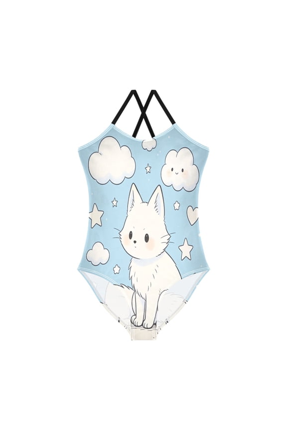 Girls' One-Piece Swimwear Suit Shoulder Strap Crossover Design , Cat Animation Printed Beach Bathing Suits 3-10Year
