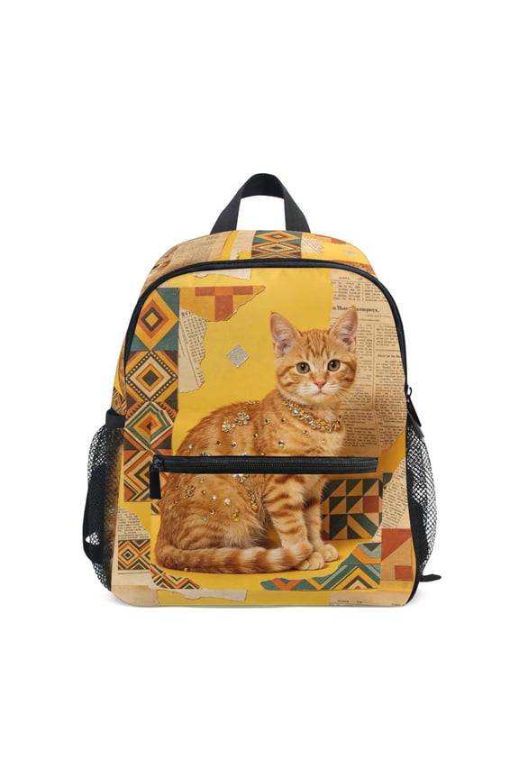 Glam Orange Cat Design Backpack for Girls/Boys with Name Tag—Front-closure buttons for ages 3–8year