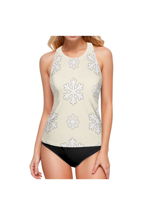 Iauyy High Elasticity Women's Tankini Top- Removable Straps&Cups- Beige Snowflakes Design for Beach Pool Partie XL