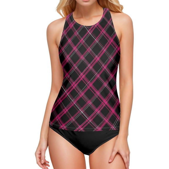 Iauyy High Elasticity Women's Tankini Top- Removable Straps&Cups- Grid Pattern Design for Beach Pool Partie S