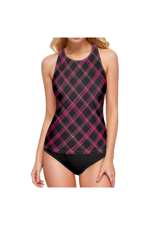 Iauyy High Elasticity Women's Tankini Top- Removable Straps&Cups- Grid Pattern Design for Beach Pool Partie S