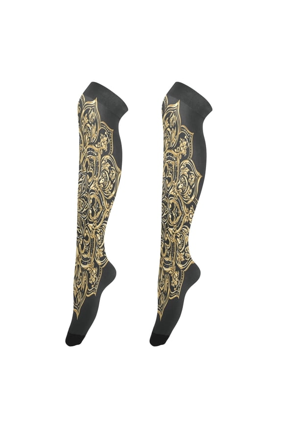 Highly Elastic Women's Trouser Knee High Socks 93% Nylon Breathable and Durable Perfect for Outings, Parties, Home, The Best Gifts for Women Luxurious Golden Mandala