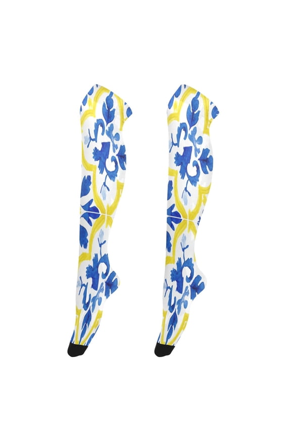 Highly Elastic Women's Trouser Knee High Socks 93% Nylon Breathable and Durable Perfect for Outings, Parties, Home, The Best Gifts for Women Yellow Spanish Design