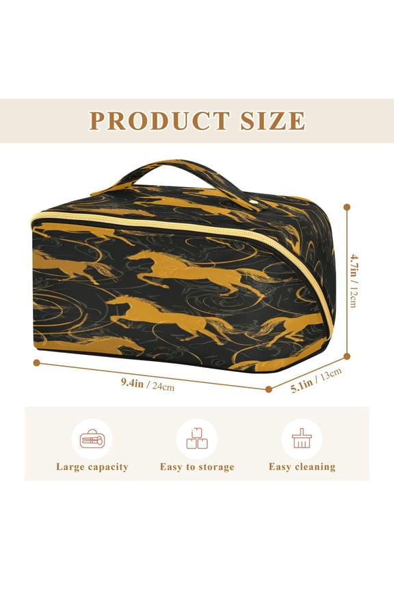 Rhombus Cosmetic Bag with Handle Large Capacity Luxury Twill Travel Makeup Bag ,Row Of Yellow Horse Patterns