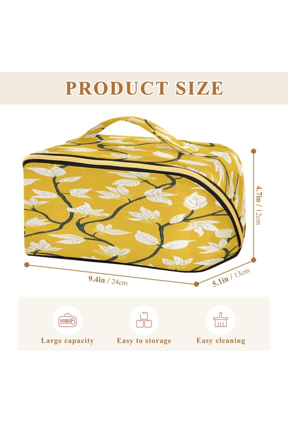 Rhombus Cosmetic Bag with Handle Large Capacity Luxury Twill Travel Makeup Bag ,Vine Leaves